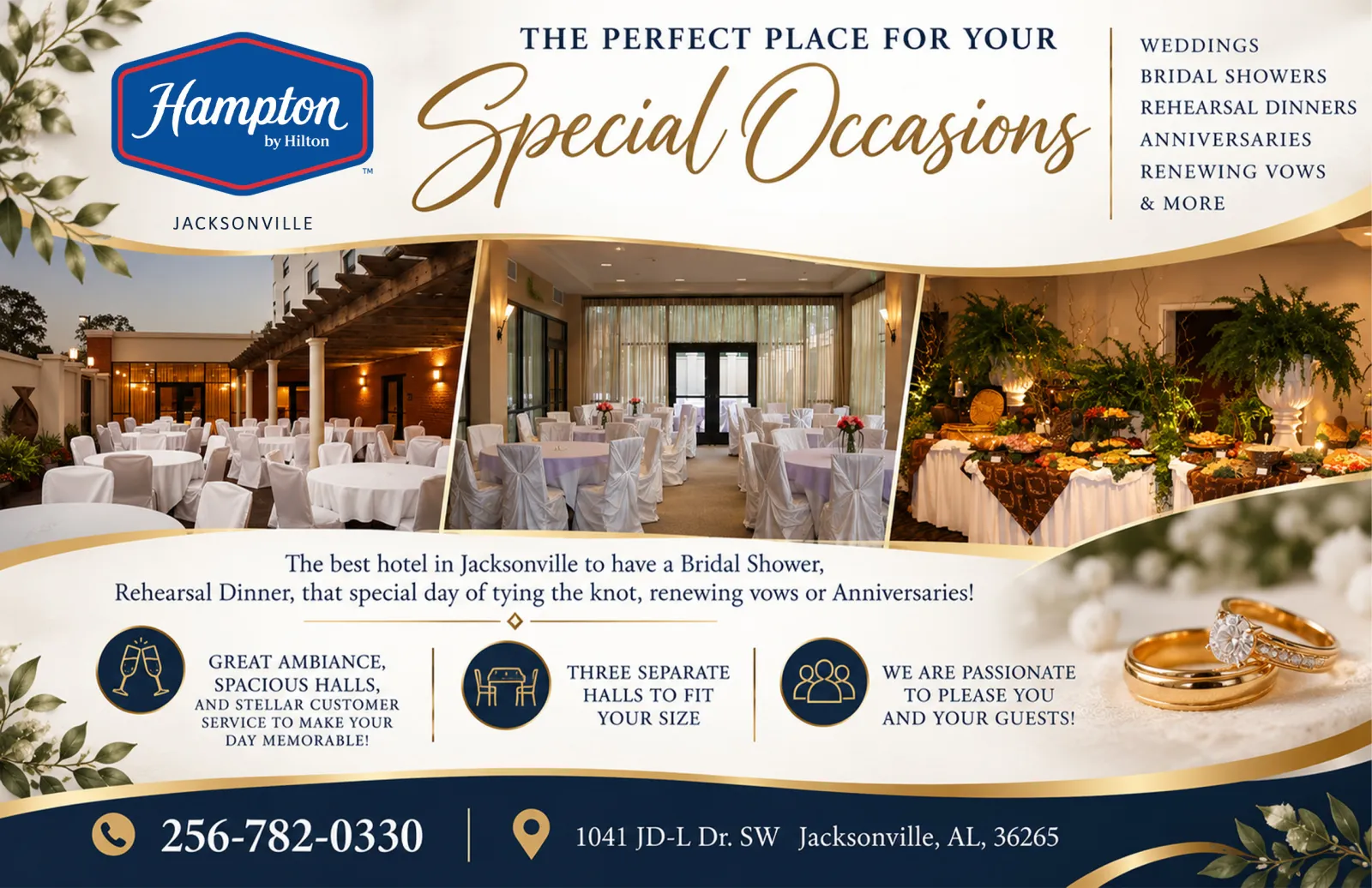 Hampton Inn Jacksonville special occasions flyer: weddings, bridal showers, rehearsal dinners, anniversaries, vow renewals